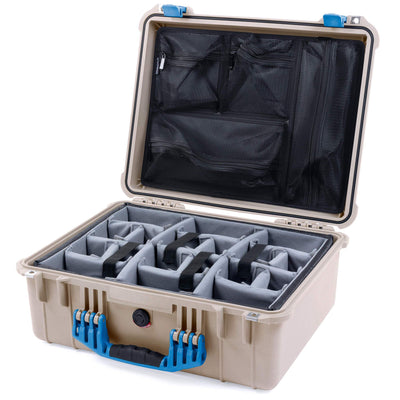 Pelican 1550 Case, Desert Tan with Blue Handle & Latches Gray Padded Microfiber Dividers with Mesh Lid Organizer ColorCase 015500-0170-310-120