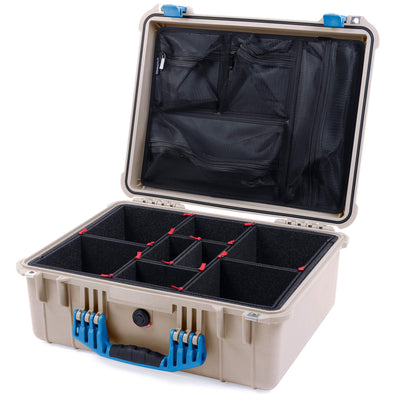 Pelican 1550 Case, Desert Tan with Blue Handle & Latches TrekPak Divider System with Mesh Lid Organizer ColorCase 015500-0120-310-120