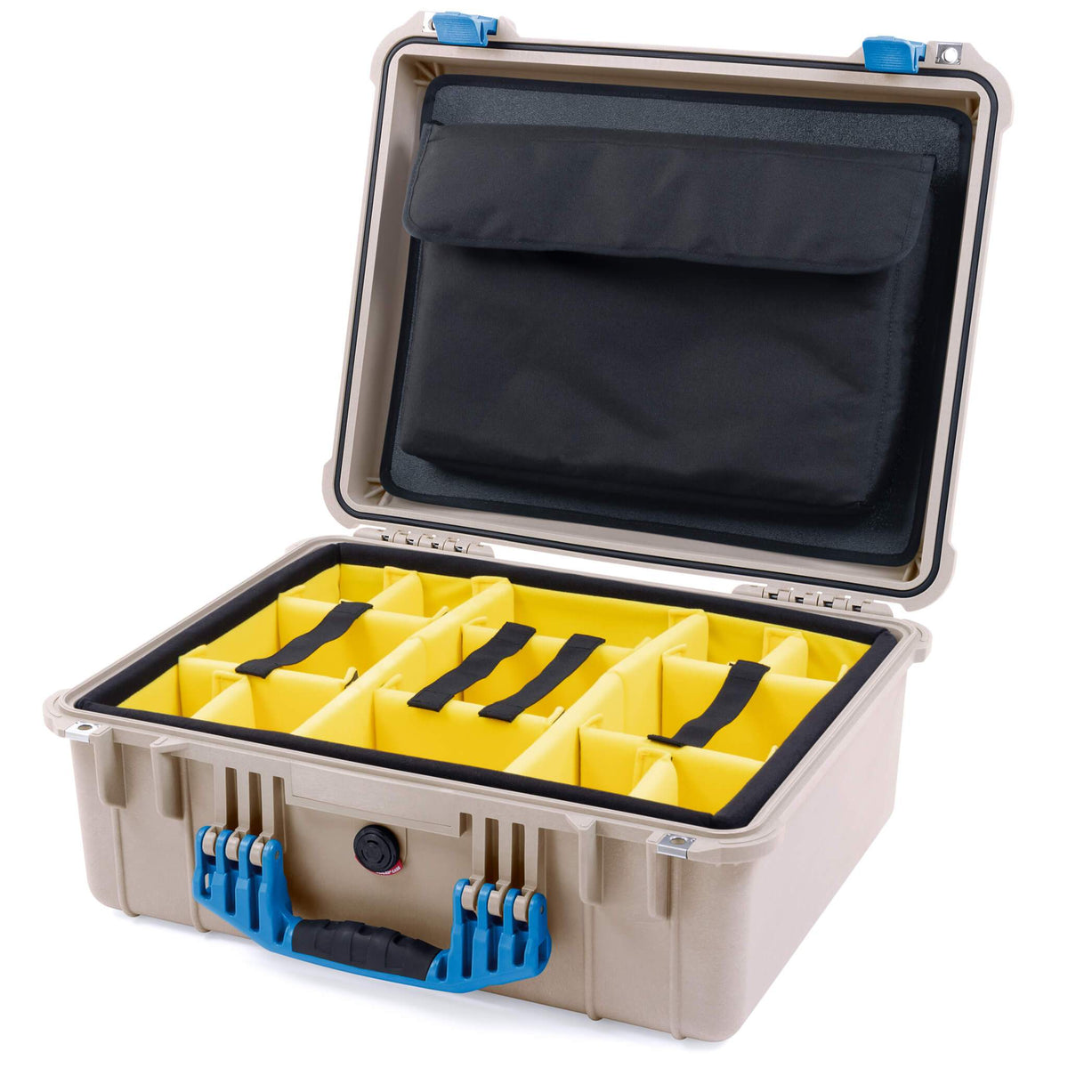 Pelican 1550 Case, Desert Tan with Blue Handle &amp; Latches Yellow Padded Microfiber Dividers with Computer Pouch ColorCase 015500-0210-310-120