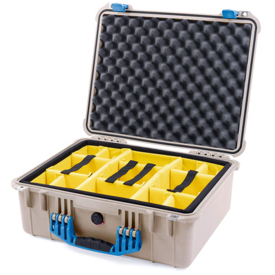 Pelican 1550 Case, Desert Tan with Blue Handle & Latches Yellow Padded Microfiber Dividers with Convolute Lid Foam ColorCase 015500-0010-310-120