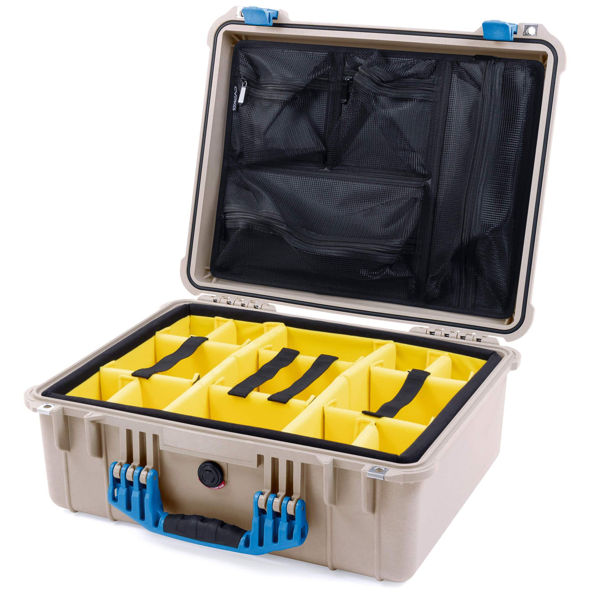 Pelican 1550 Case, Desert Tan with Blue Handle &amp; Latches Yellow Padded Microfiber Dividers with Mesh Lid Organizer ColorCase 015500-0110-310-120