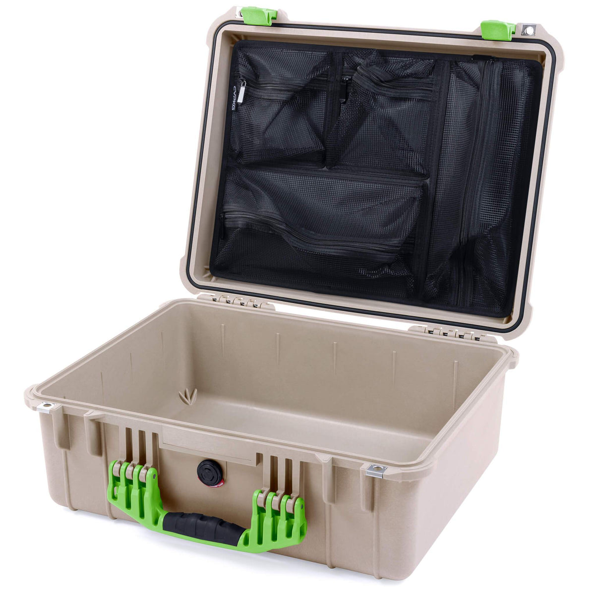 Pelican 1550 Case, Desert Tan with Lime Green Handle &amp; Latches Mesh Lid Organizer Only ColorCase 015500-0100-310-300