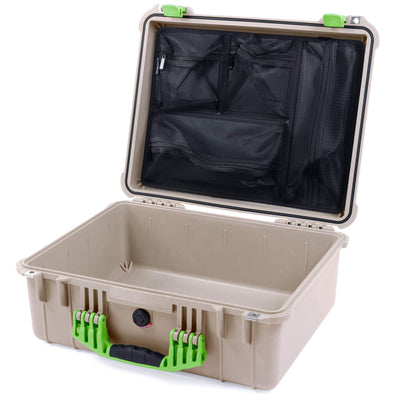 Pelican 1550 Case, Desert Tan with Lime Green Handle & Latches Mesh Lid Organizer Only ColorCase 015500-0100-310-300