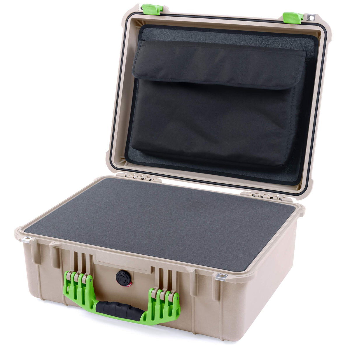 Pelican 1550 Case, Desert Tan with Lime Green Handle &amp; Latches Pick &amp; Pluck Foam with Computer Pouch ColorCase 015500-0201-310-300