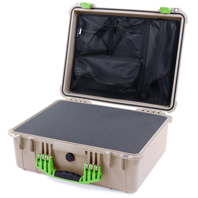 Pelican 1550 Case, Desert Tan with Lime Green Handle & Latches Pick & Pluck Foam with Mesh Lid Organizer ColorCase 015500-0101-310-300