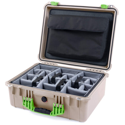 Pelican 1550 Case, Desert Tan with Lime Green Handle & Latches Gray Padded Microfiber Dividers with Computer Pouch ColorCase 015500-0270-310-300