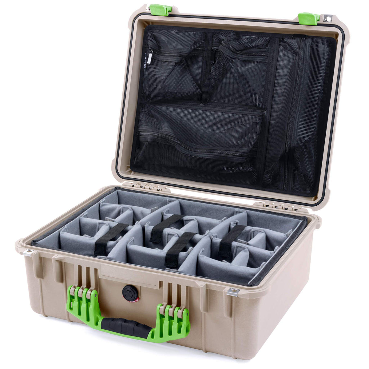 Pelican 1550 Case, Desert Tan with Lime Green Handle &amp; Latches Gray Padded Microfiber Dividers with Mesh Lid Organizer ColorCase 015500-0170-310-300