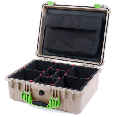 Pelican 1550 Case, Desert Tan with Lime Green Handle & Latches TrekPak Divider System with Computer Pouch ColorCase 015500-0220-310-300