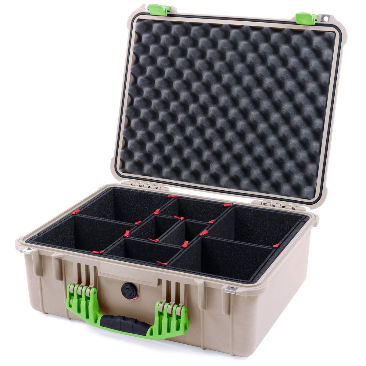 Pelican 1550 Case, Desert Tan with Lime Green Handle &amp; Latches TrekPak Divider System with Convolute Lid Foam ColorCase 015500-0020-310-300