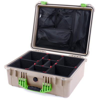 Pelican 1550 Case, Desert Tan with Lime Green Handle & Latches TrekPak Divider System with Mesh Lid Organizer ColorCase 015500-0120-310-300