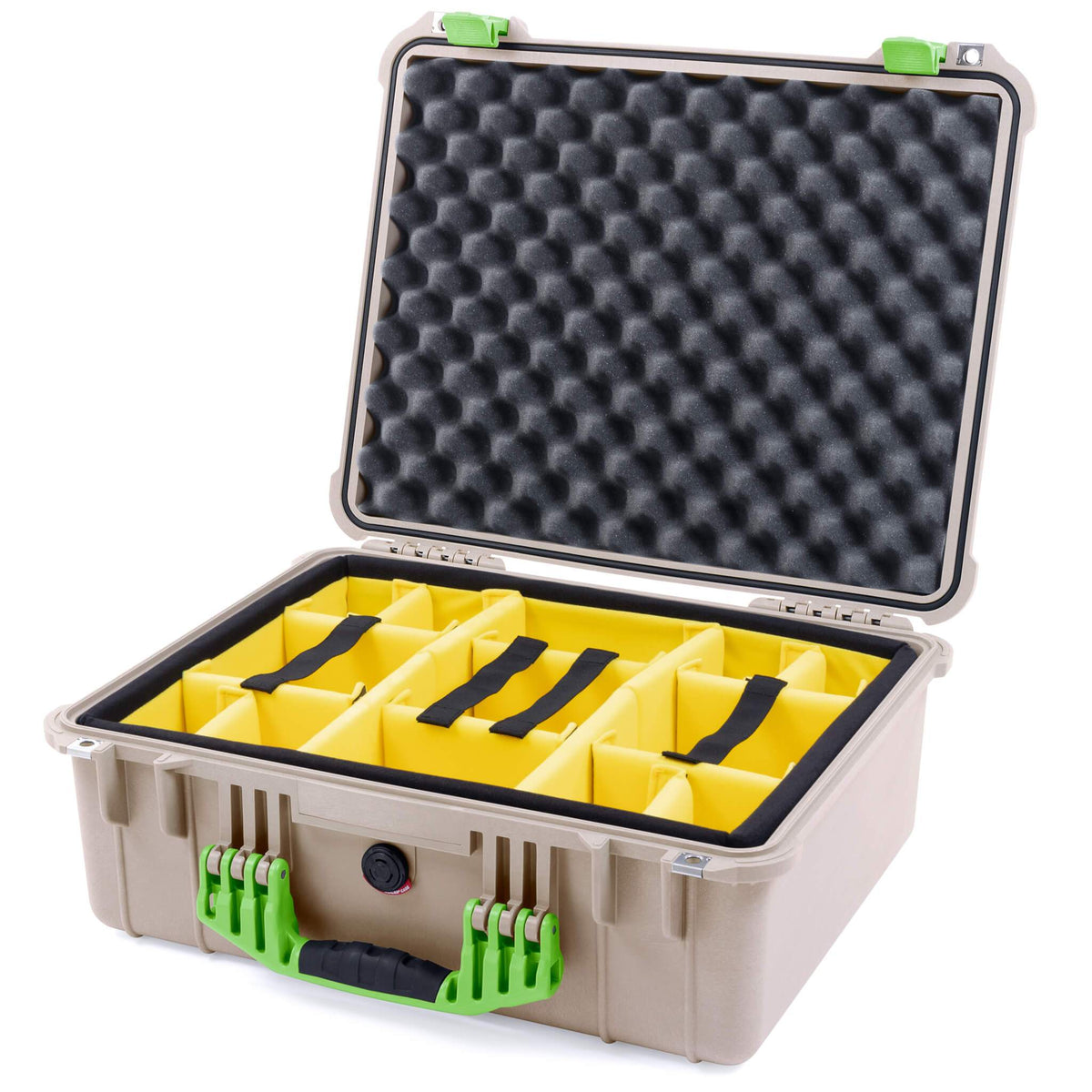 Pelican 1550 Case, Desert Tan with Lime Green Handle &amp; Latches Yellow Padded Microfiber Dividers with Convolute Lid Foam ColorCase 015500-0010-310-300