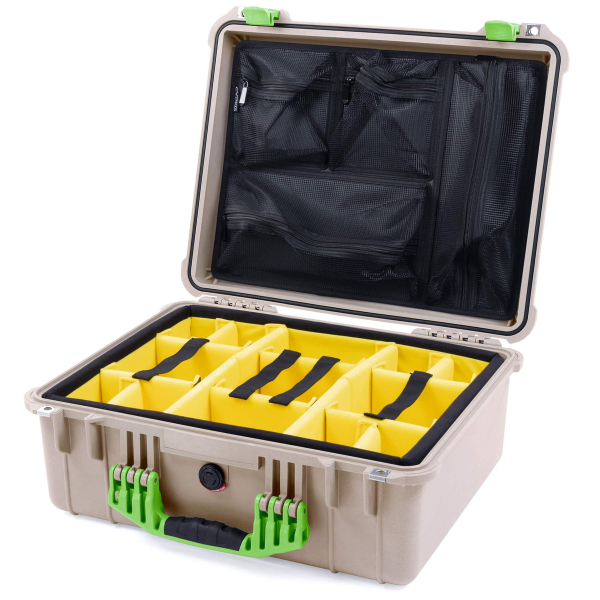 Pelican 1550 Case, Desert Tan with Lime Green Handle &amp; Latches Yellow Padded Microfiber Dividers with Mesh Lid Organizer ColorCase 015500-0110-310-300