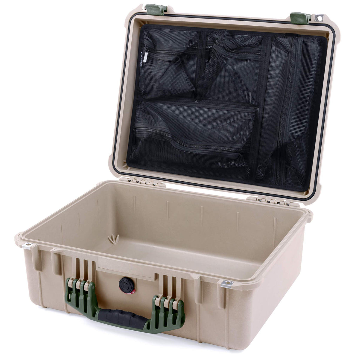 Pelican 1550 Case, Desert Tan with OD Green Handle &amp; Latches Mesh Lid Organizer Only ColorCase 015500-0100-310-130