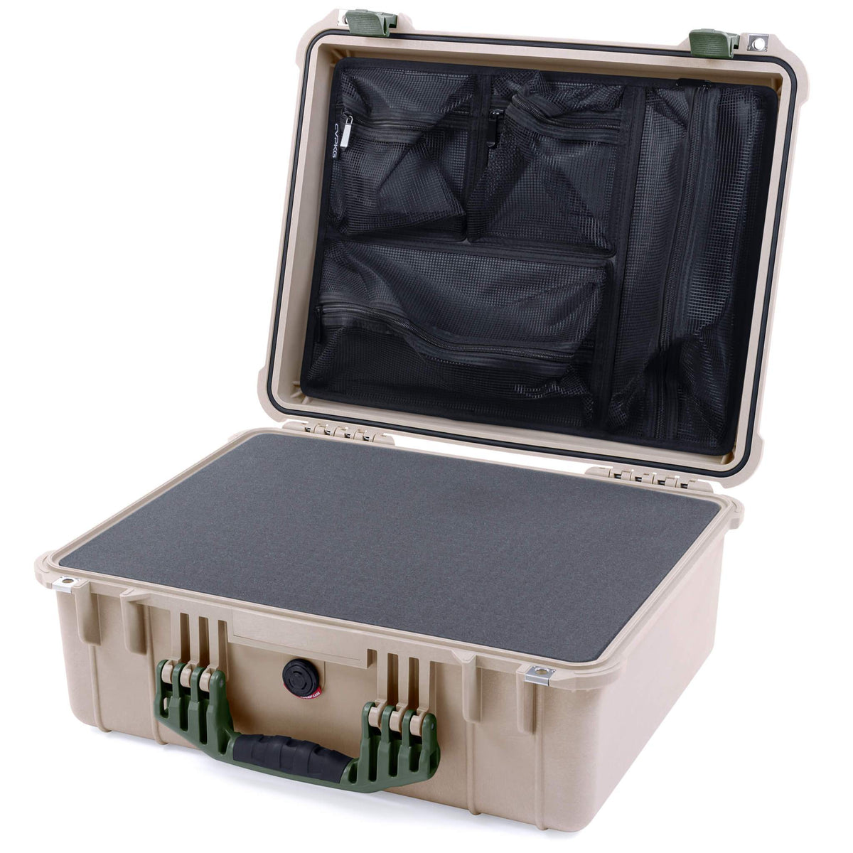 Pelican 1550 Case, Desert Tan with OD Green Handle &amp; Latches Pick &amp; Pluck Foam with Mesh Lid Organizer ColorCase 015500-0101-310-130
