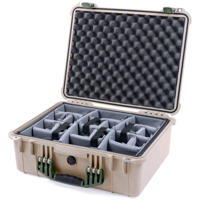 Pelican 1550 Case, Desert Tan with OD Green Handle & Latches Gray Padded Microfiber Dividers with Convolute Lid Foam ColorCase 015500-0070-310-130