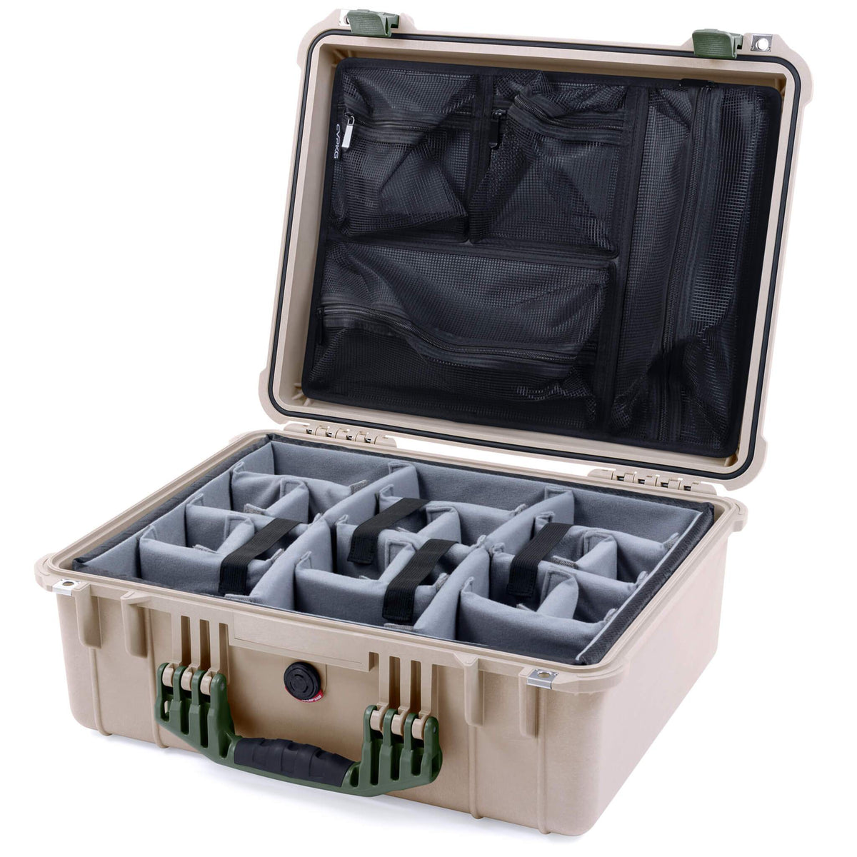 Pelican 1550 Case, Desert Tan with OD Green Handle &amp; Latches Gray Padded Microfiber Dividers with Mesh Lid Organizer ColorCase 015500-0170-310-130