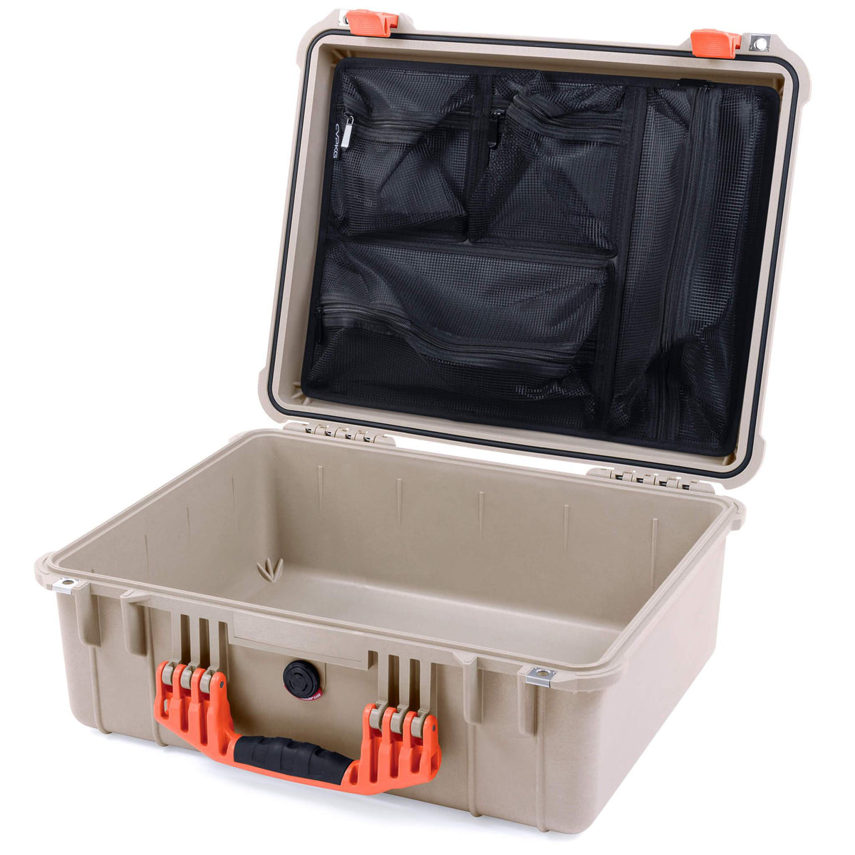 Pelican 1550 Case, Desert Tan with Orange Handle &amp; Latches Mesh Lid Organizer Only ColorCase 015500-0100-310-150