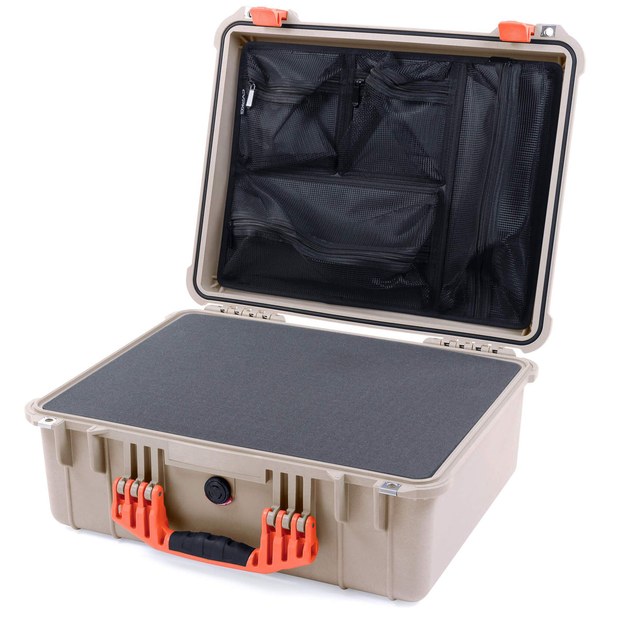 Pelican 1550 Case, Desert Tan with Orange Handle &amp; Latches Pick &amp; Pluck Foam with Mesh Lid Organizer ColorCase 015500-0101-310-150