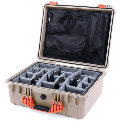 Pelican 1550 Case, Desert Tan with Orange Handle & Latches Gray Padded Microfiber Dividers with Mesh Lid Organizer ColorCase 015500-0170-310-150