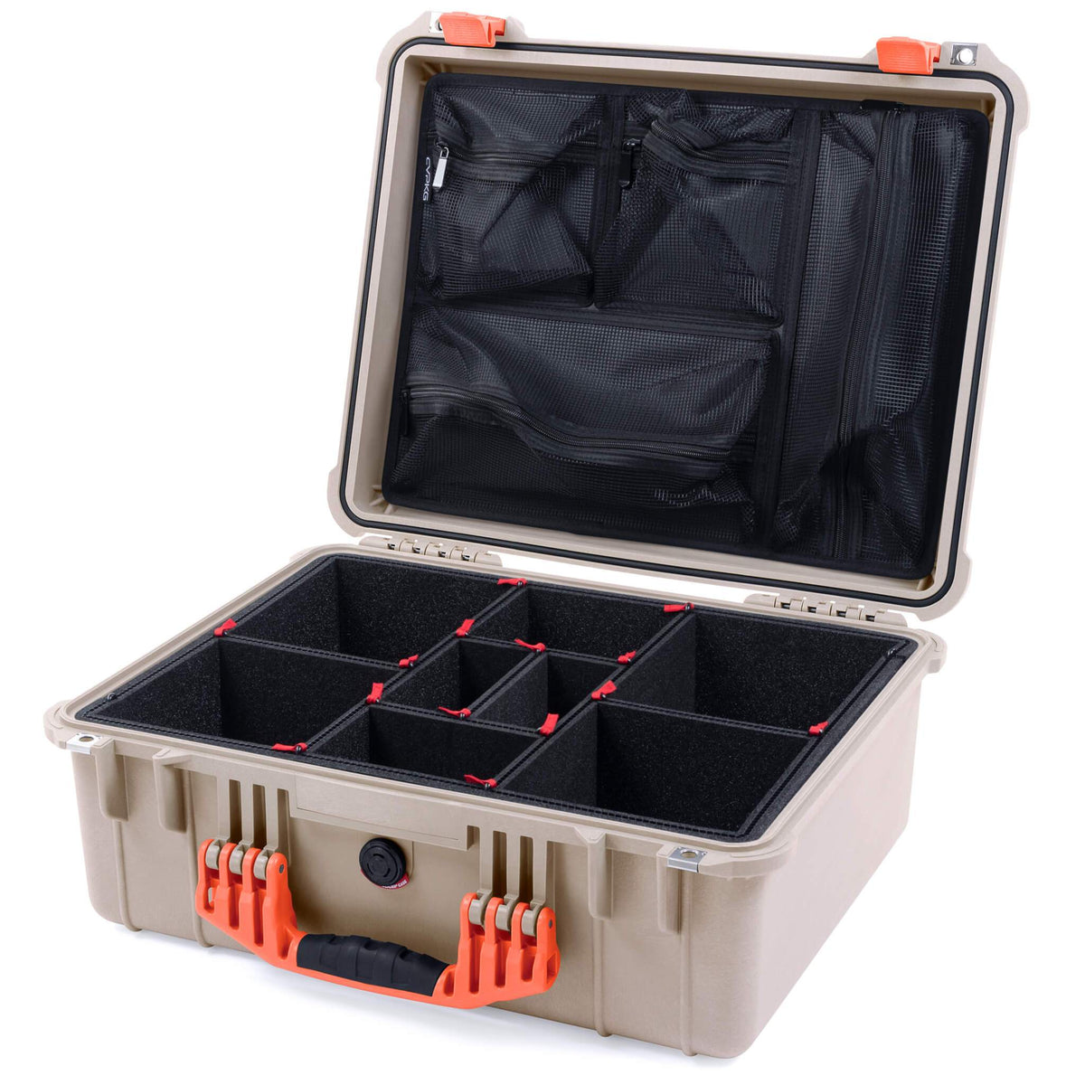 Pelican 1550 Case, Desert Tan with Orange Handle &amp; Latches TrekPak Divider System with Mesh Lid Organizer ColorCase 015500-0120-310-150