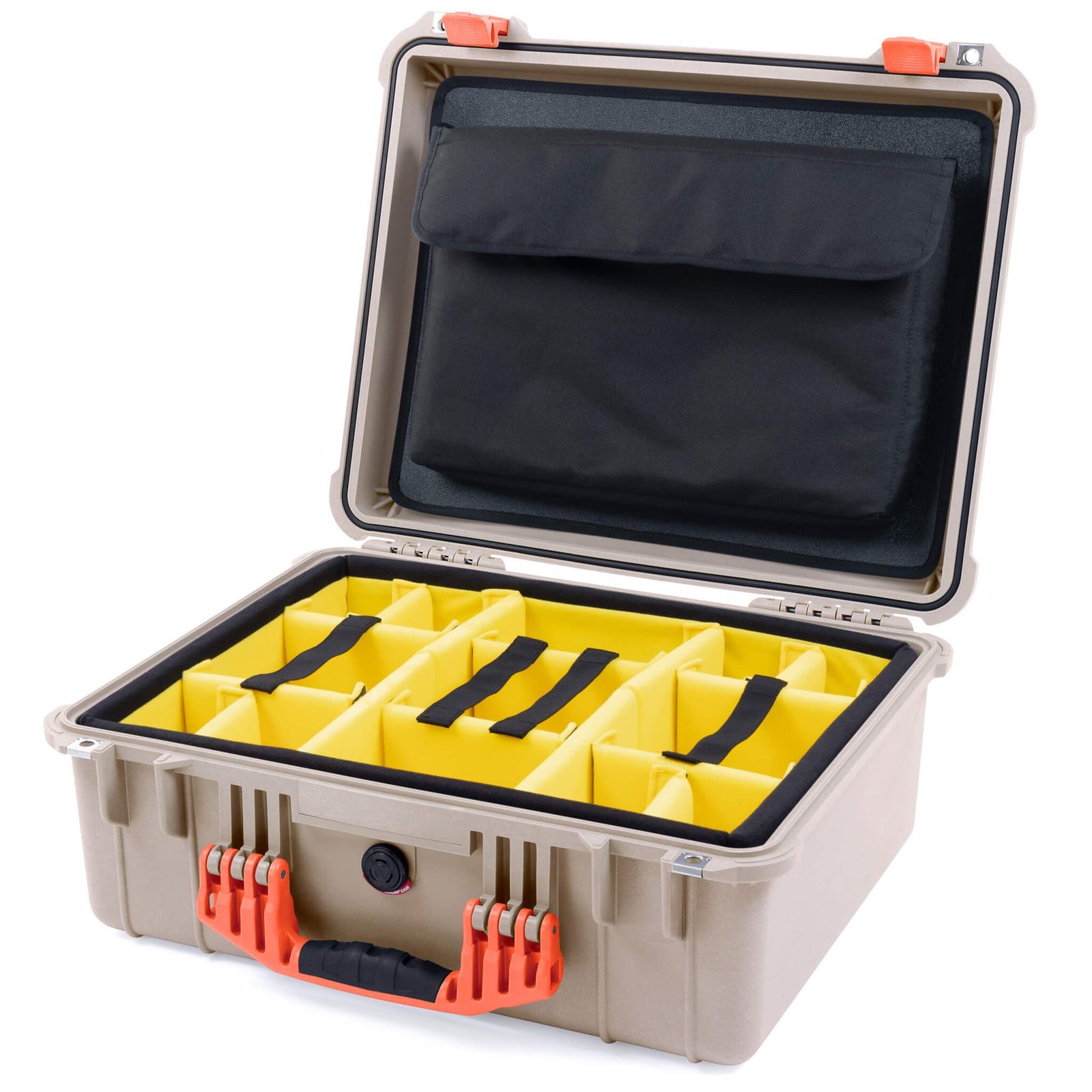 Pelican 1550 Case, Desert Tan with Orange Handle & Latches Yellow Padded Microfiber Dividers with Computer Pouch ColorCase 015500-0210-310-150