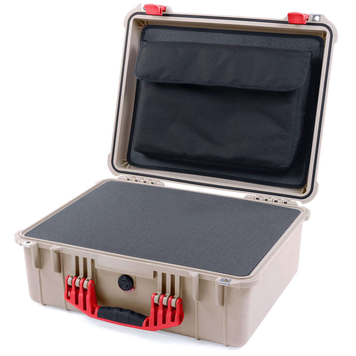 Pelican 1550 Case, Desert Tan with Red Handle &amp; Latches Pick &amp; Pluck Foam with Computer Pouch ColorCase 015500-0201-310-320