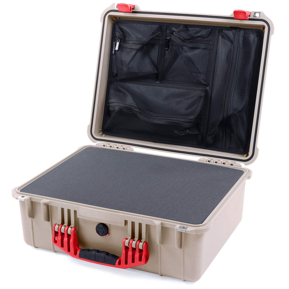 Pelican 1550 Case, Desert Tan with Red Handle &amp; Latches Pick &amp; Pluck Foam with Mesh Lid Organizer ColorCase 015500-0101-310-320