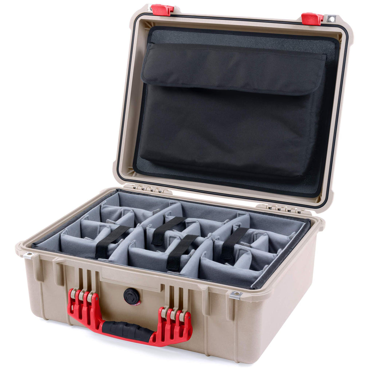 Pelican 1550 Case, Desert Tan with Red Handle &amp; Latches Gray Padded Microfiber Dividers with Computer Pouch ColorCase 015500-0270-310-320