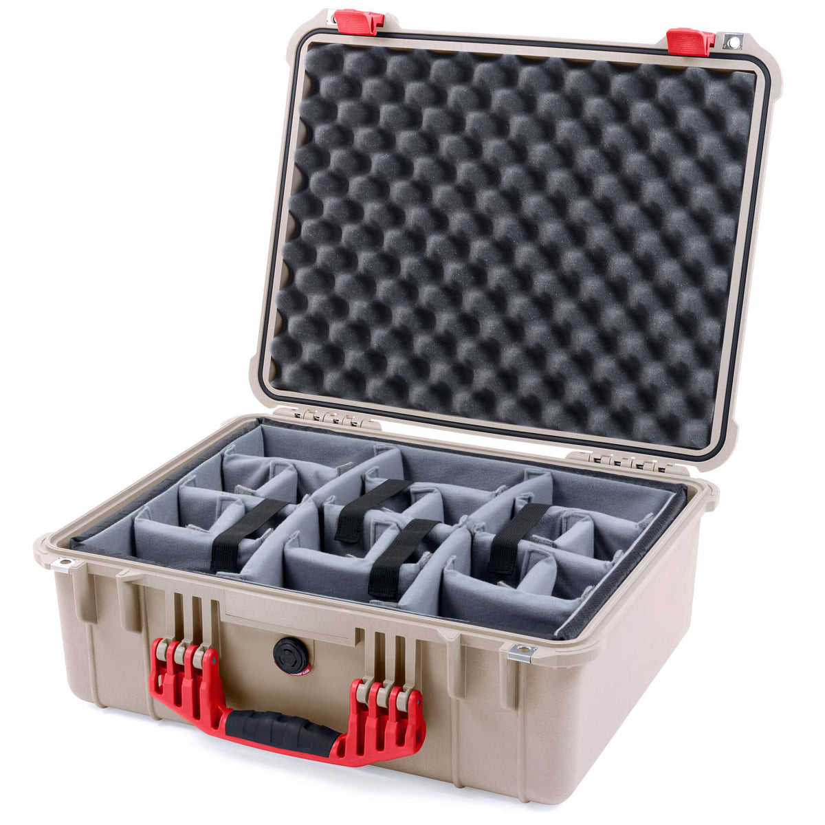 Pelican 1550 Case, Desert Tan with Red Handle &amp; Latches Gray Padded Microfiber Dividers with Convolute Lid Foam ColorCase 015500-0070-310-320