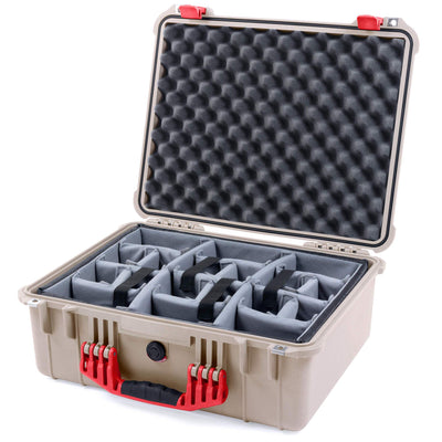 Pelican 1550 Case, Desert Tan with Red Handle & Latches Gray Padded Microfiber Dividers with Convolute Lid Foam ColorCase 015500-0070-310-320