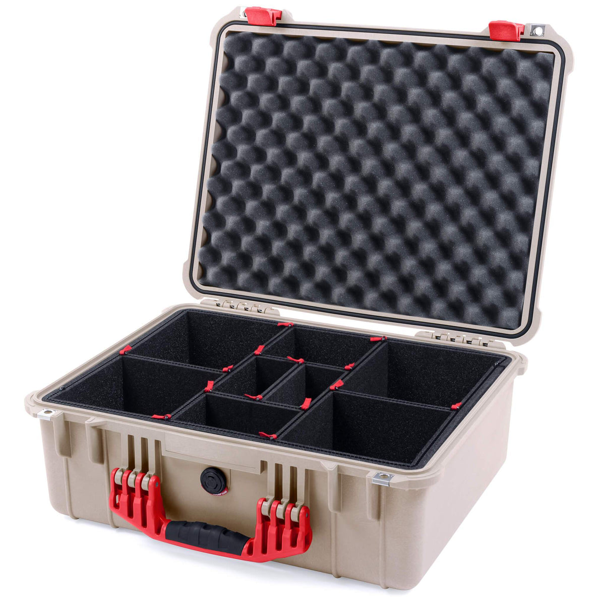Pelican 1550 Case, Desert Tan with Red Handle &amp; Latches TrekPak Divider System with Convolute Lid Foam ColorCase 015500-0020-310-320