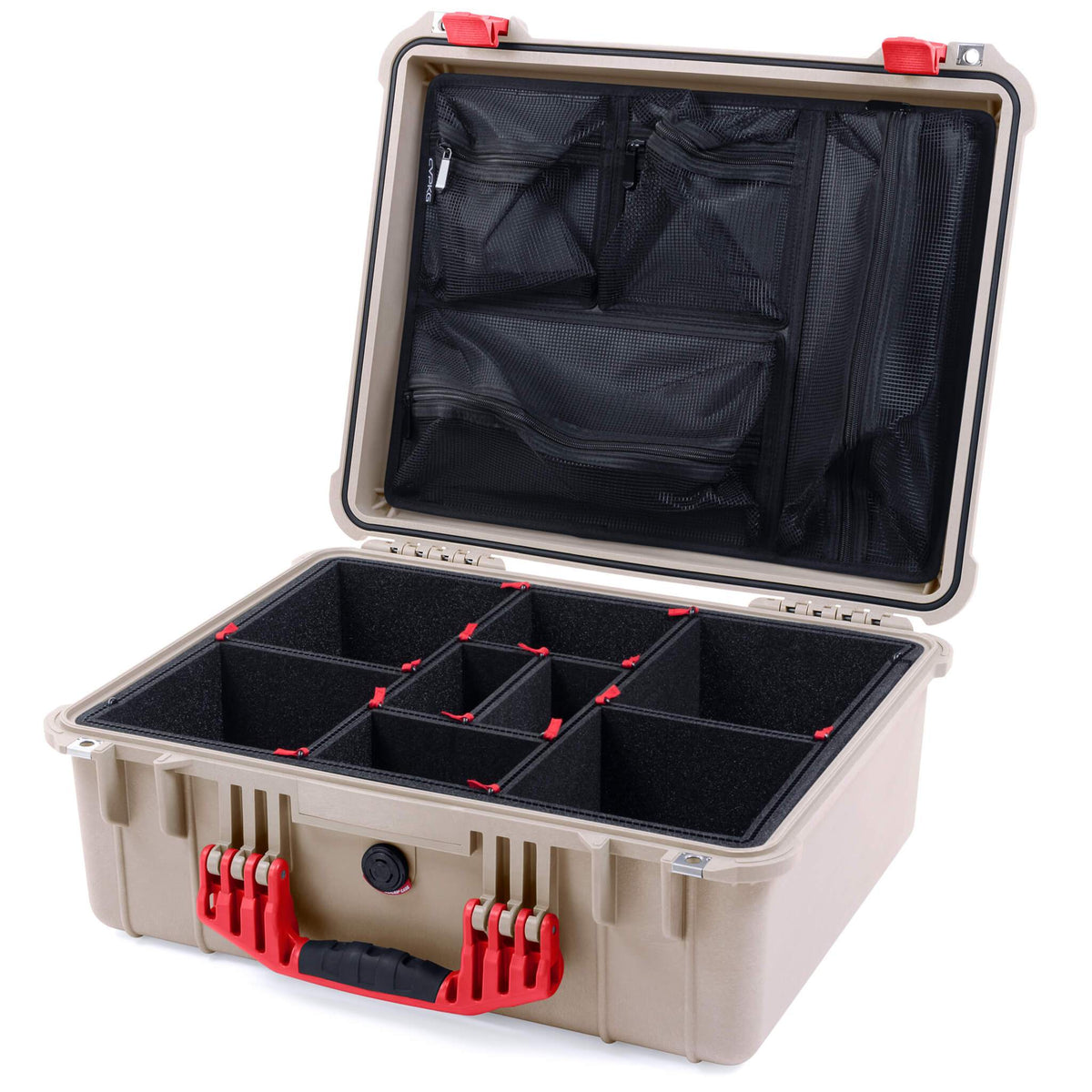 Pelican 1550 Case, Desert Tan with Red Handle &amp; Latches TrekPak Divider System with Mesh Lid Organizer ColorCase 015500-0120-310-320