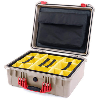 Pelican 1550 Case, Desert Tan with Red Handle & Latches Yellow Padded Microfiber Dividers with Computer Pouch ColorCase 015500-0210-310-320