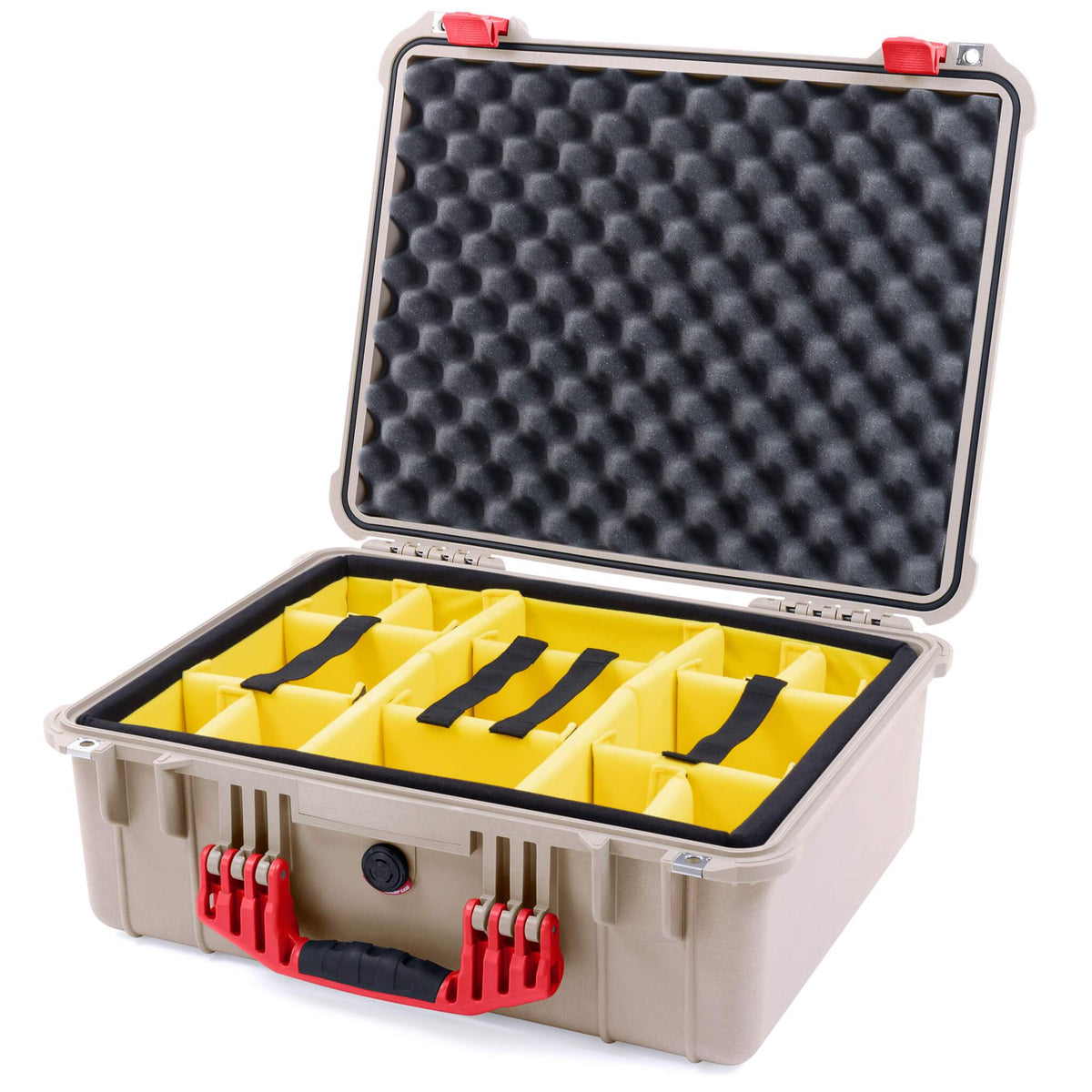 Pelican 1550 Case, Desert Tan with Red Handle &amp; Latches Yellow Padded Microfiber Dividers with Convolute Lid Foam ColorCase 015500-0010-310-320