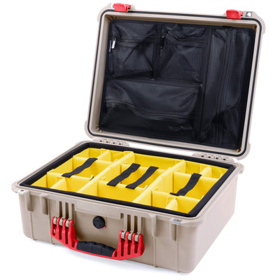 Pelican 1550 Case, Desert Tan with Red Handle & Latches Yellow Padded Microfiber Dividers with Mesh Lid Organizer ColorCase 015500-0110-310-320