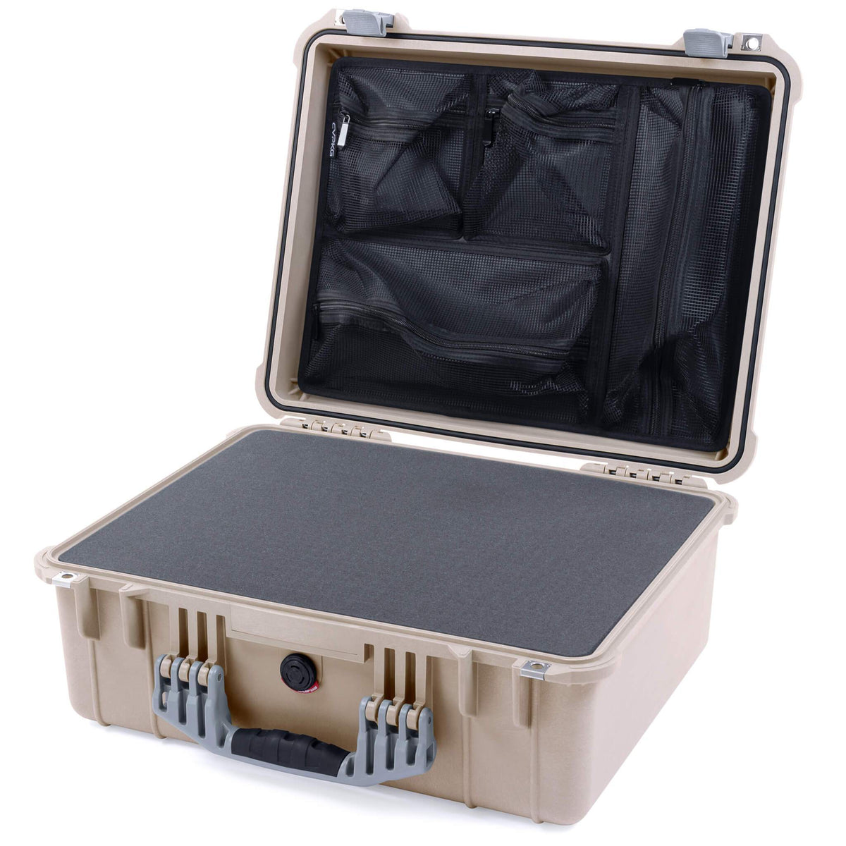 Pelican 1550 Case, Desert Tan with Silver Handle &amp; Latches Pick &amp; Pluck Foam with Mesh Lid Organizer ColorCase 015500-0101-310-180