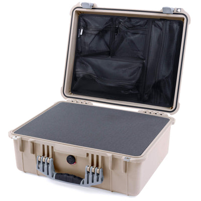 Pelican 1550 Case, Desert Tan with Silver Handle & Latches Pick & Pluck Foam with Mesh Lid Organizer ColorCase 015500-0101-310-180