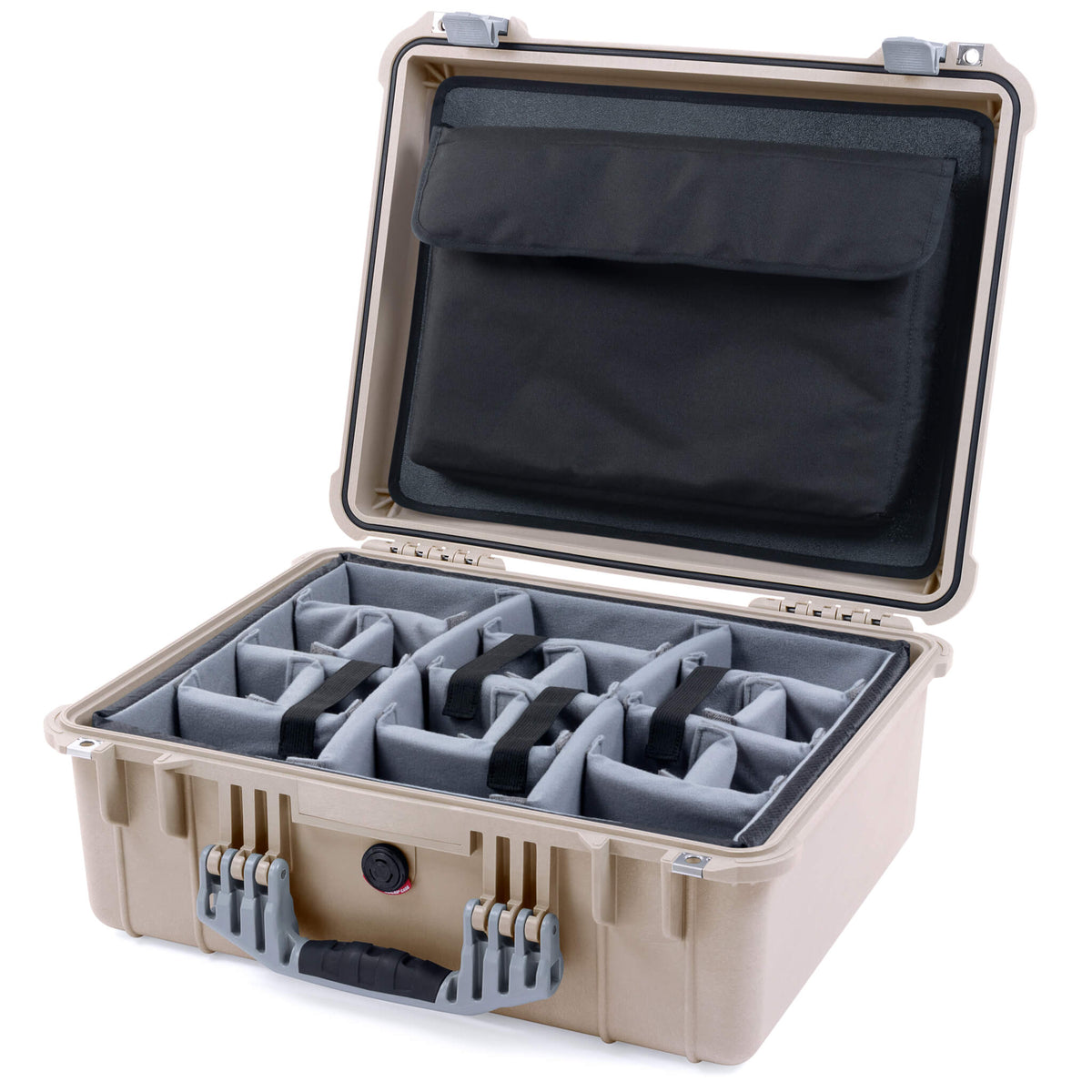 Pelican 1550 Case, Desert Tan with Silver Handle &amp; Latches Gray Padded Microfiber Dividers with Computer Pouch ColorCase 015500-0270-310-180