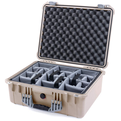 Pelican 1550 Case, Desert Tan with Silver Handle & Latches Gray Padded Microfiber Dividers with Convolute Lid Foam ColorCase 015500-0070-310-180