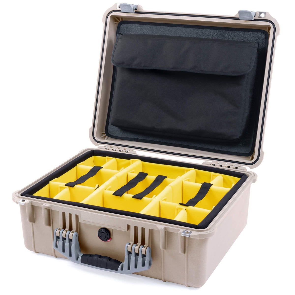 Pelican 1550 Case, Desert Tan with Silver Handle &amp; Latches Yellow Padded Microfiber Dividers with Computer Pouch ColorCase 015500-0210-310-180