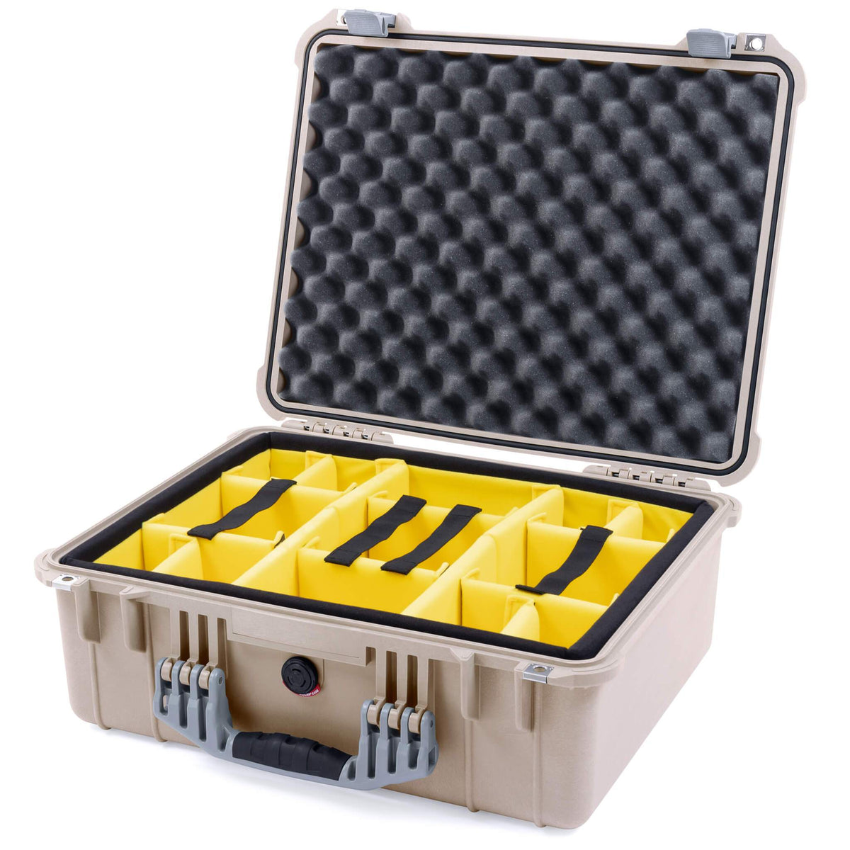 Pelican 1550 Case, Desert Tan with Silver Handle &amp; Latches Yellow Padded Microfiber Dividers with Convolute Lid Foam ColorCase 015500-0010-310-180