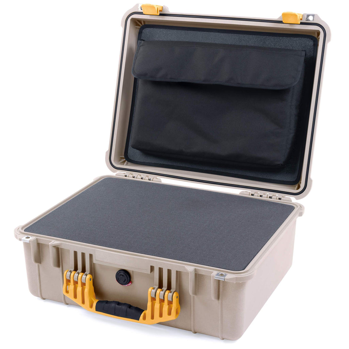 Pelican 1550 Case, Desert Tan with Yellow Handle &amp; Latches Pick &amp; Pluck Foam with Computer Pouch ColorCase 015500-0201-310-240