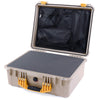 Pelican 1550 Case, Desert Tan with Yellow Handle & Latches Pick & Pluck Foam with Mesh Lid Organizer ColorCase 015500-0101-310-240