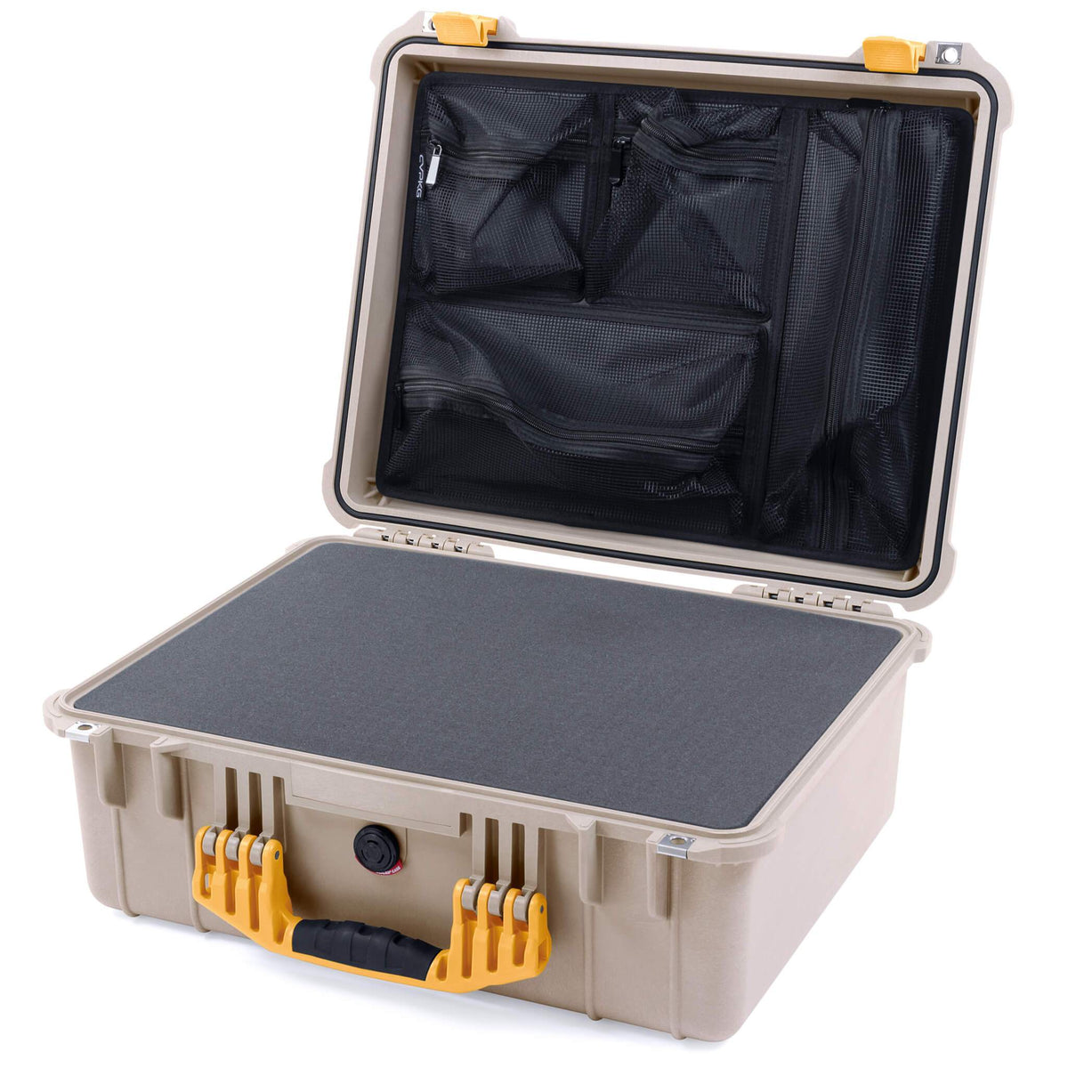 Pelican 1550 Case, Desert Tan with Yellow Handle &amp; Latches Pick &amp; Pluck Foam with Mesh Lid Organizer ColorCase 015500-0101-310-240