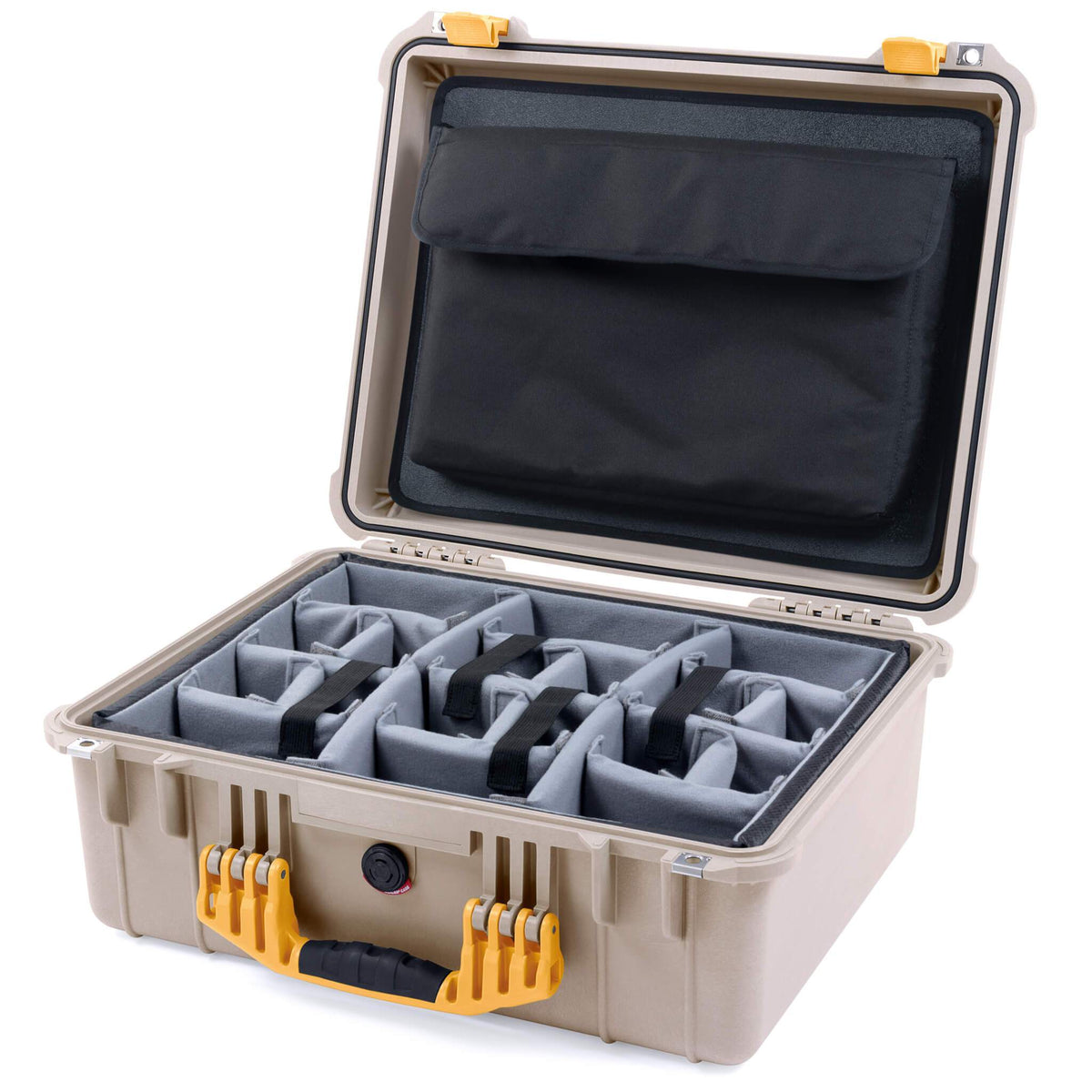 Pelican 1550 Case, Desert Tan with Yellow Handle &amp; Latches Gray Padded Microfiber Dividers with Computer Pouch ColorCase 015500-0270-310-240
