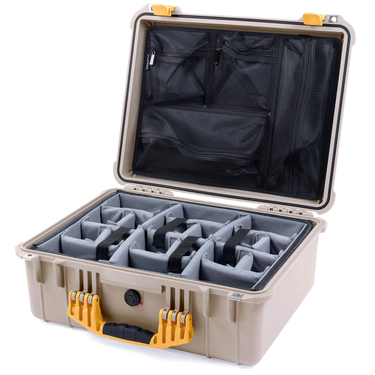 Pelican 1550 Case, Desert Tan with Yellow Handle &amp; Latches Gray Padded Microfiber Dividers with Mesh Lid Organizer ColorCase 015500-0170-310-240