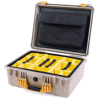 Pelican 1550 Case, Desert Tan with Yellow Handle & Latches Yellow Padded Microfiber Dividers with Computer Pouch ColorCase 015500-0210-310-240