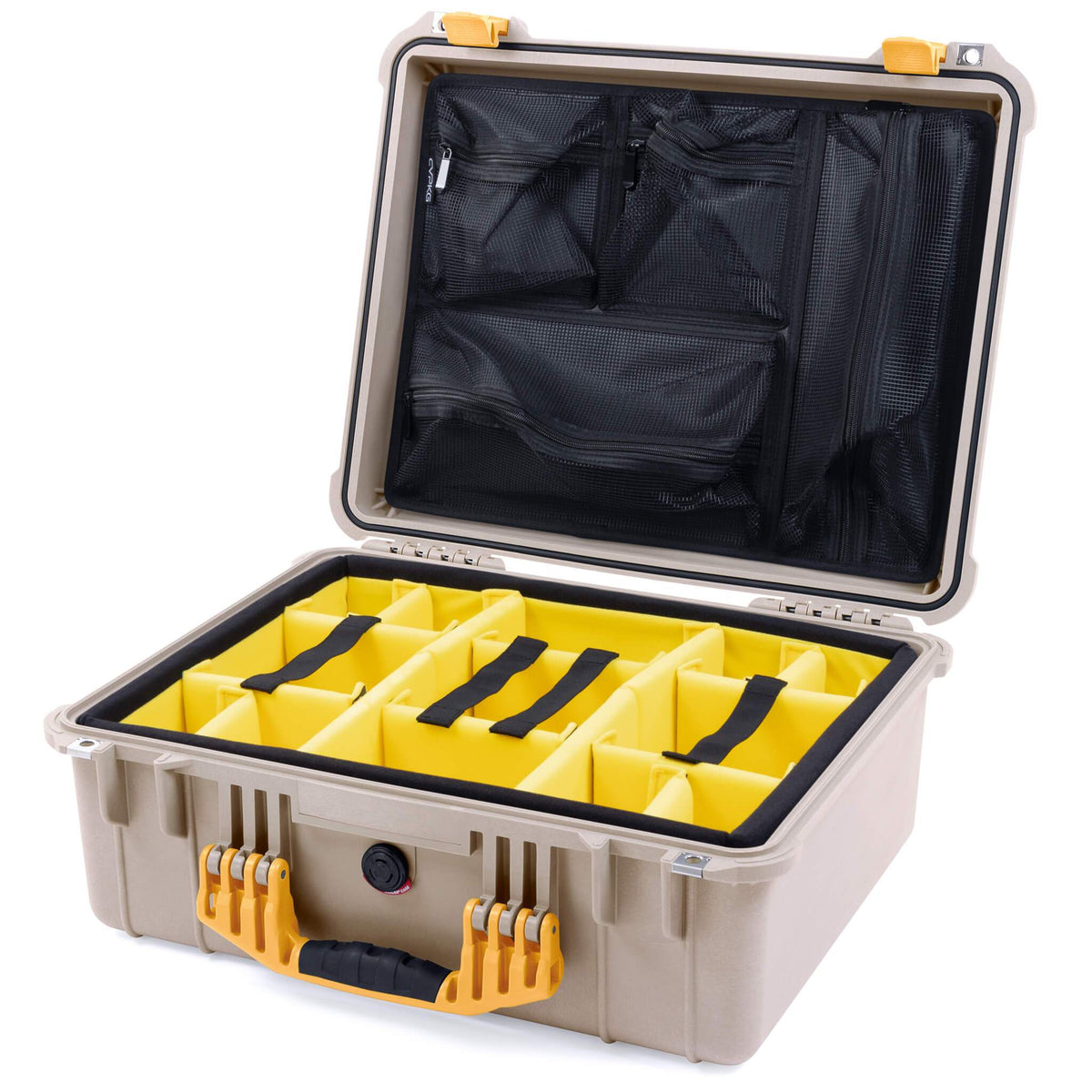 Pelican 1550 Case, Desert Tan with Yellow Handle &amp; Latches Yellow Padded Microfiber Dividers with Mesh Lid Organizer ColorCase 015500-0110-310-240