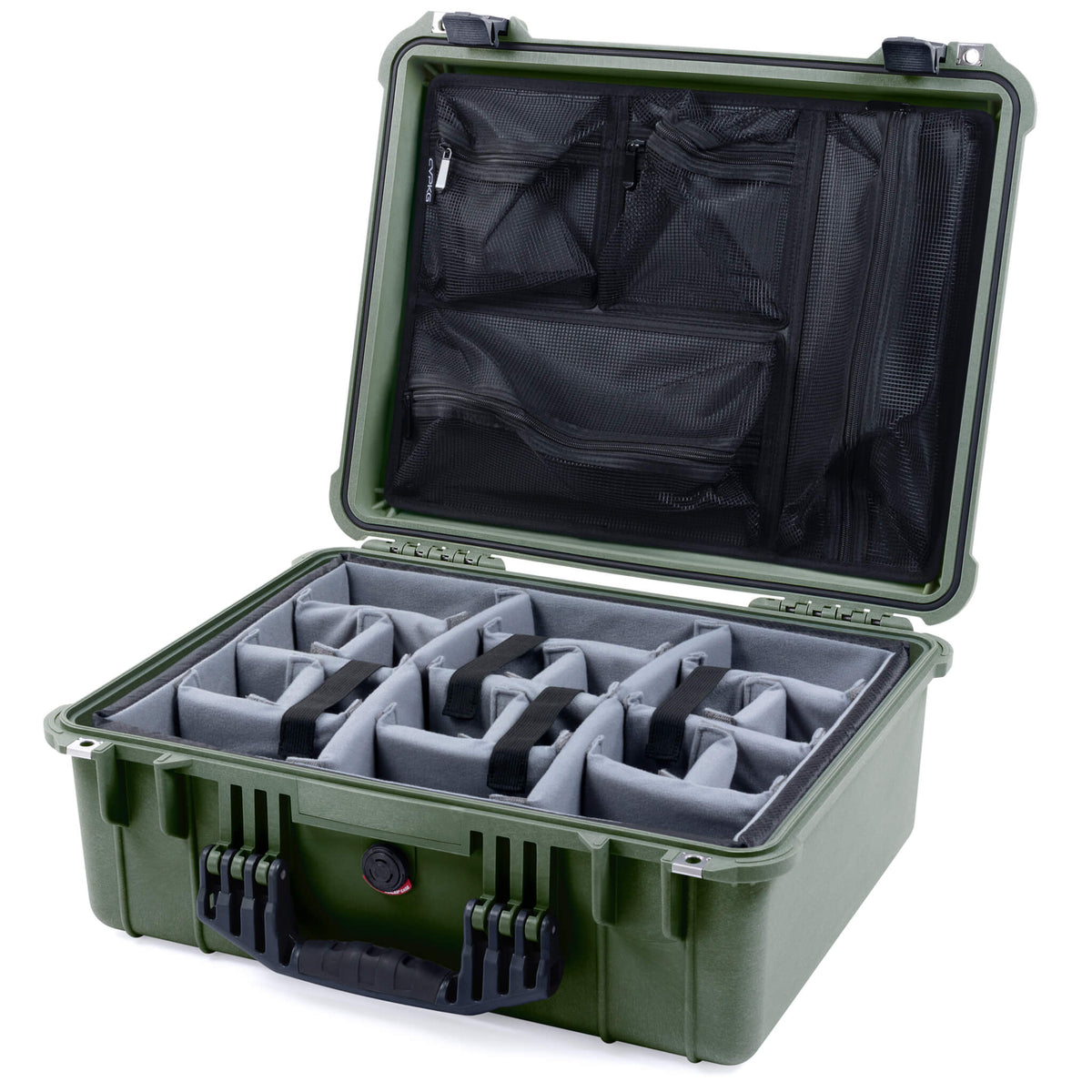 Pelican 1550 Case, OD Green with Black Handle &amp; Latches Gray Padded Microfiber Dividers with Mesh Lid Organizer ColorCase 015500-0170-130-110