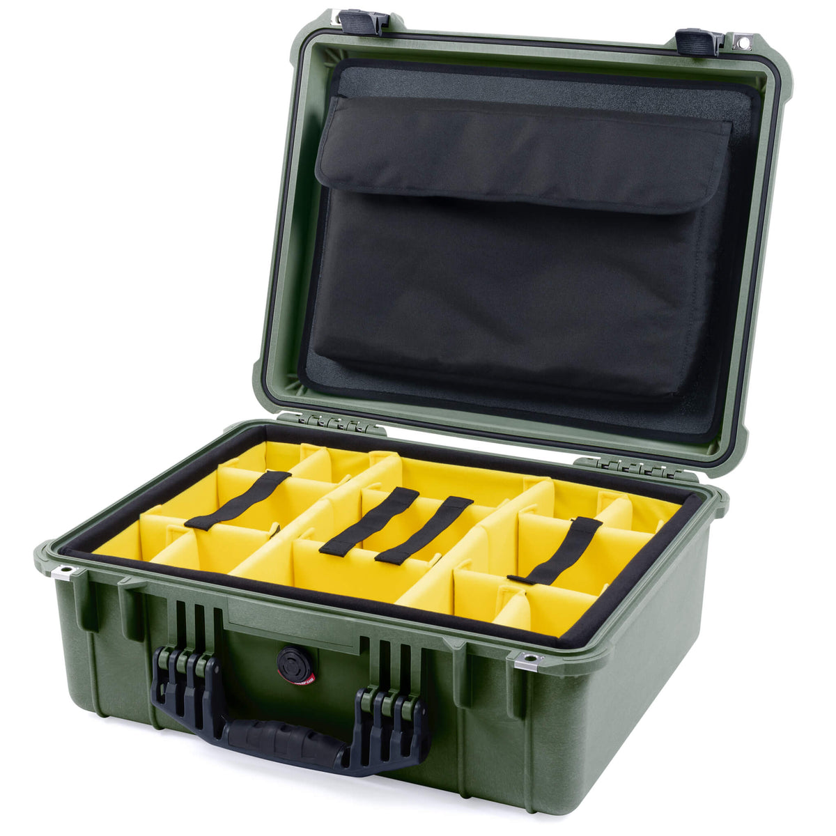 Pelican 1550 Case, OD Green with Black Handle &amp; Latches Yellow Padded Microfiber Dividers with Computer Pouch ColorCase 015500-0210-130-110